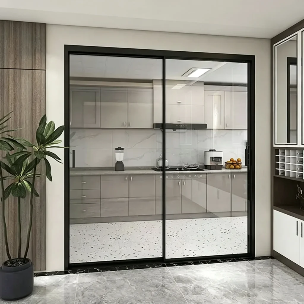Double track sliding door with ultra-thin frame