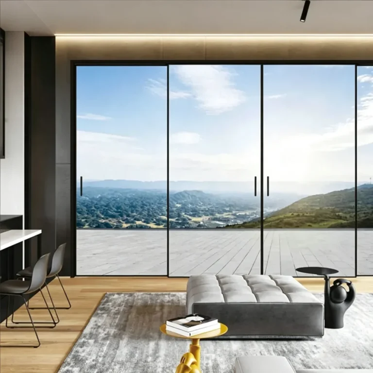 Hung sliding door with 4 tracks, 4 panels connected together. (Special narrow frame design)